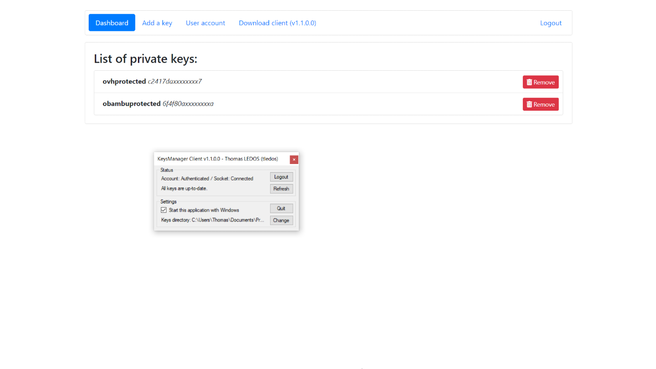 screenshot of the keys manager dashboard and client